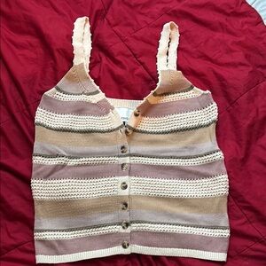 Cream, Striped Ribbed Sleeveless Tank Top